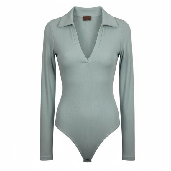 ALIX NYC Monterey Bodysuit Small Rib Knit Modal Dusty Steel Blue Collared V Neck - Picture 1 of 11